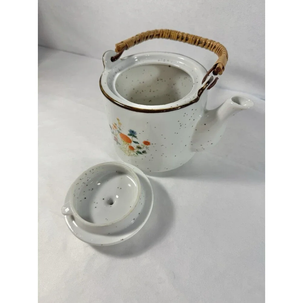 Vintage Speckled Ceramic Teapot Bamboo Handle Hand Painted Flowers Japan